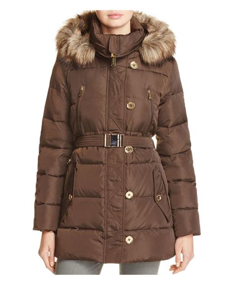 faux fur hooded belted puffer jacket michael kors|michael kors quilted puffer jacket.